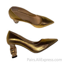 Zapatos de tacón de bloque para mujer, calzado de charol auténtico, Sexy, para boda y fiesta, color dorado, de lujo, talla 43 2024 - compra barato