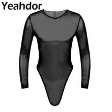 Bodysuit transparente para homens, malha, manga comprida, zíper, laço, justa, macacão transparente 2024 - compre barato