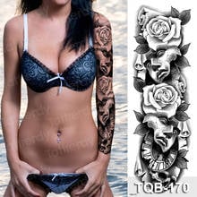 Tatuaje temporal mangas grande impermeable Tatuaje falso pegatinas grandes mujeres Rosa flor de loto tatuaje arte corporal brazo completo hoja de tatuajes 2024 - compra barato