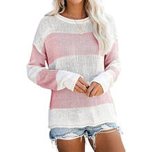 Suéter solto de malha casual 2020 outono inverno cor bloco de cores listrado suéter feminino de manga comprida pulôveres 2024 - compre barato
