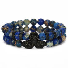 Azul imperial pedra natural grânulos de luxo punk aço inoxidável crânio encantos masculino pulseira para homens pulseiras jóias 2024 - compre barato