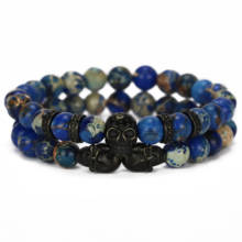 Pulsera de acero inoxidable con cuentas de piedra Natural para hombre, brazalete con abalorios de Calavera, estilo Imperial, Punk, azul 2024 - compra barato