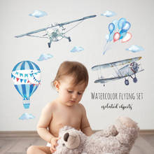 1set Watercolor Airplane Hot Air Balloon Wall Sticker For Kids Baby Rooms Home Decoration PVC Mural Decals Nursery Wallpaper 2024 - buy cheap