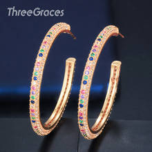 Threegraces Trendy Multicolor Cubic Zirconia Crystal Rainbow Big Round Circle Women Gold Loop Earrings for Dinner Banquet E0309 2024 - buy cheap
