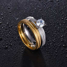 Anéis de aço inoxidável brilhante, zircão, par de joias da moda de noivado para casais, festas de casamento e presentes 2024 - compre barato