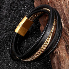 Moda multi-camada de aço inoxidável corrente combinação pulseiras de couro masculino charme artesanal pulseira magnética fecho jóias presentes 2024 - compre barato