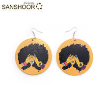 SANSHOOR Printed Woman Natural Hair Wood Earrings With Yellow Background Afrocentric Blacks Ethnic Jewelry For Christmas 1Pair 2024 - buy cheap