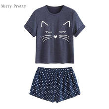 Women's Stes Tops And Shorts Cartoon Cat Print Short Sleeve O Neck T Shirts Hight Waist Hot Mini Shorts Two Piece Clothing 2024 - buy cheap