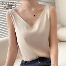 Sexy Sleeveless Solid Silk Blouse 2021 Summer Spring Casual V-neck Thin Satin Vest Tops Women's Blouse Female Blusas Mujer 13711 2024 - buy cheap