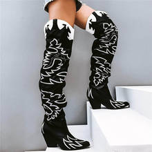 Женские Ковбойские Сапоги выше колена, на высоком каблуке, с вышивкой и острым носком 2024 - купить недорого