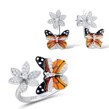 Conjunto de joyería de mariposa esmaltada para mujer, pendientes de tuerca de Color plateado, anillo de compromiso de circón blanco delicado 2024 - compra barato