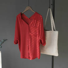 Blusa femenina de chifón de manga larga con cuello en V para verano, camisa femenina de gran calidad, color rojo, informal 2024 - compra barato