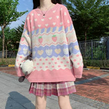 Suéter de punto Kawaii japonés para mujer, jersey de manga larga con estampado de fresa, tejido rosa, Invierno 2024 - compra barato