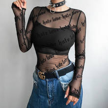 Sexy Women Mesh T-Shirts See-Through Perspective Tshirt Letter Printed O Neck Transparent Long Sleeve T Shirt Tops Women 2024 - buy cheap