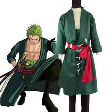 Japanese Anime One Piece Roronoa Zoro Cosplay Costume Comic Halloween Cosplay Green robe Full Set wig and kerchief free shipping 2024 - buy cheap