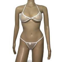 Conjunto de sujetador Sexy para mujer, Bikini de malla a rayas transparentes, lencería Halter, Top, bragas, conjuntos de ropa interior erótica transparente en blanco o negro 2024 - compra barato