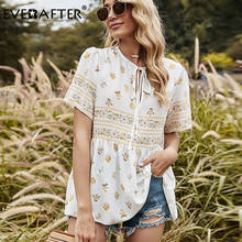 Everdespués-Blusa de verano con estampado Floral para mujer, camisa blanca con lazo, cuello redondo, manga corta 2024 - compra barato