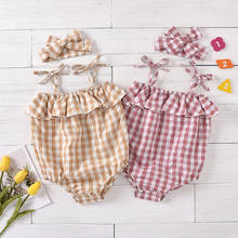 Conjunto infantil de macacão xadrez para meninas de 0 a 24 meses, conjunto de roupas sem mangas para bebês recém-nascidos + tiara, 2 peças 2024 - compre barato