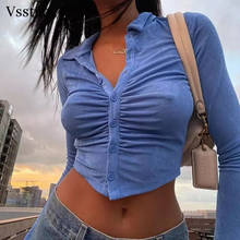 Vsstiar Button Up Collar Tops Autumn Long Sleeve Ruched Ladies T-Shirt Fashion Sheath Women Tees Shirt Streetwear 2021 Winter 2024 - buy cheap