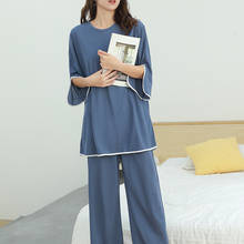 Pijama feminino de manga curta, plus size, duas peças, algodão, liso, gola redonda, calças, roupas de casa 2024 - compre barato