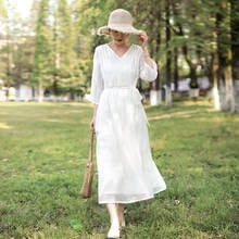 LZJN 2020 Summer Women's V-neck Belt Waist Long Dress Solid White Elegant Casual Embroidery Lace Short Sleeve Female Vestido 2024 - buy cheap