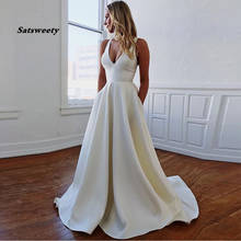 Simples vestidos de casamento com decote em v recorte arco de volta sem mangas botão coberto branco marfim sexy praia vestido de casamento 2024 - compre barato