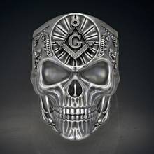 New Exaggerated Skull Shape Masonic Pattern Ring Men's Ring Metal Silver-Plated Ring Accessories Party Jewelry Size 8 ~ 13 2024 - buy cheap