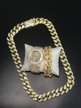 Reloj de lujo para hombre, joyería de cristal Miami Ice Out, cadena cubana de Color dorado y plateado, conjunto de reloj, collar y pulsera de Hip Hop para hombre 2024 - compra barato
