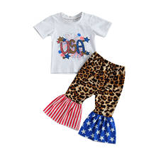 FOCUSNORM Independence Day Summer Baby Girls Clothes Sets Letter Printed Short Sleeve T Shirts Leopard Flare Pants 0-3Y 2024 - buy cheap