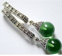 Free shipping 12mm Two Round green JADE 925 Sterling Silver Marcasite Pendant 58*20mm 2024 - buy cheap