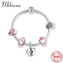 925 Silver Women Fashion Jewelry Charm Bracelets With Pink Enamel Flower Heart Glass Beads CZ Pendant Original Fine Bracelet DIY 2024 - buy cheap