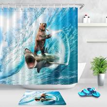 Cortina de ducha con diseño de oso y Animal para el hogar, cortina de baño creativa con diseño divertido de tiburón, surfear, pistola, olas azules, arte oceánico, con ganchos para decoración del hogar 2024 - compra barato