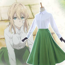 Fantasia de anime violeta evergarden, traje cosplay de memória automática, blusa branca, vestido verde, luvas, conjunto de uniforme casual, camisa diária 2024 - compre barato