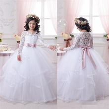 2021 branco vestidos da menina da flor para casamentos manga longa do laço meninas pageant vestidos primeiro comunhão vestido meninas vestidos de bola 2024 - compre barato