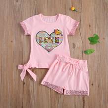 Children Girls Clothes Sets Summer Kids Sequin Heart Short Sleeve T-shirt Shorts Casual Loose Kids Outfits 2024 - buy cheap