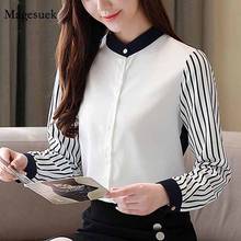 Camisa feminina de manga comprida com gola alta, camisa feminina para escritório em chiffon de tamanho grande, blusa listrada coreana 2020, outono 10751 2024 - compre barato