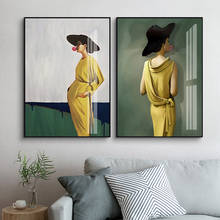 Moda mulheres de amarelo vestido verde fundo de tela pintura de parede arte imagens posteres impressões para quarto decoração de casa 2024 - compre barato