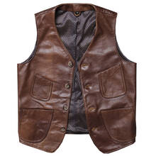 European Outdoor Mans Vest Genuine Leather Waistcoat Spring Vintage Vest Coat For Men Single Breasted Sleeveless Jackets Summer 2024 - buy cheap