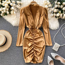 Vestido Sexy de primavera y otoño para mujer, Vestido de fiesta dorado con escote en V, manga larga y pliegues, a la moda 2024 - compra barato