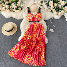 Bohemian Vacation Beach Style Clothes Set Summer Women Floral Printed Short Tops + High Waist Pleated Long Skirt 2pcs Suit 2024 - buy cheap