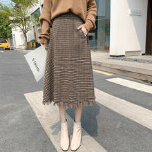 Fall/winter Midi Tassel Skirt Women's Retro Skirt Houndstooth Wool Skirt Korean Intellectual Elegant High Waist A-line Skirt 2024 - buy cheap