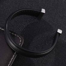 Trendy Couple Jewelry Black Genuine Leather Open Cuff Bracelet Silver Color Stainless Steel Women Bangles Men Wristband SP0989H 2024 - buy cheap