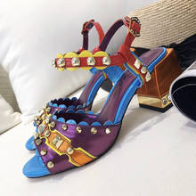 Sandalias moradas de tacón alto grueso para mujer, zapatos de boda con remaches y cuero auténtico, cómodos, para verano 2024 - compra barato