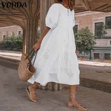 VONDA Summer Plus Size Dress 2020 Solid Color Lantern Sleeve Dresses Casual Party Sundress Loose Beach Vestidos Femme Robe 2024 - buy cheap
