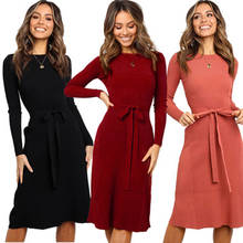 Solid Color Winter Casual Party Dresses Women Long Sleeve Belt Black Red Dress 2020Autumn Ladies Stretch Bandage Midi Work Dress 2024 - buy cheap