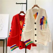 Thick Long Oversized Cardigan Women V-neck Sweater Jacket with Rainbow Trim Autumn Winter Cardigan Korean Fashion Knit Outwear 2024 - buy cheap