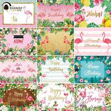 Allenjoy-papel de parede para festa de feliz aniversário, chá de bebê, flamingo, folhas de palmeira tropical, madeira brilhante, fotografia 2024 - compre barato