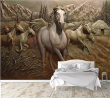 Custom wallpaper covered 3D relief embossed horse to success eight horses background wall painting papel de parede 3d фотообои 2024 - buy cheap