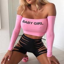 Fashion Sexy Spring Letter Off Shoulder Long Sleeve T-Shirts Slim Fit Women Crop Tops Chic Slash Neck Bodycon Tees Clubwear 2024 - buy cheap