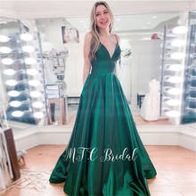 Charming Green Satin Long Formal Evening Dress V Neck Spaghetti Strap Sexy Prom Gowns With Pockets 2019 Vestido De Festa Cheap 2024 - buy cheap